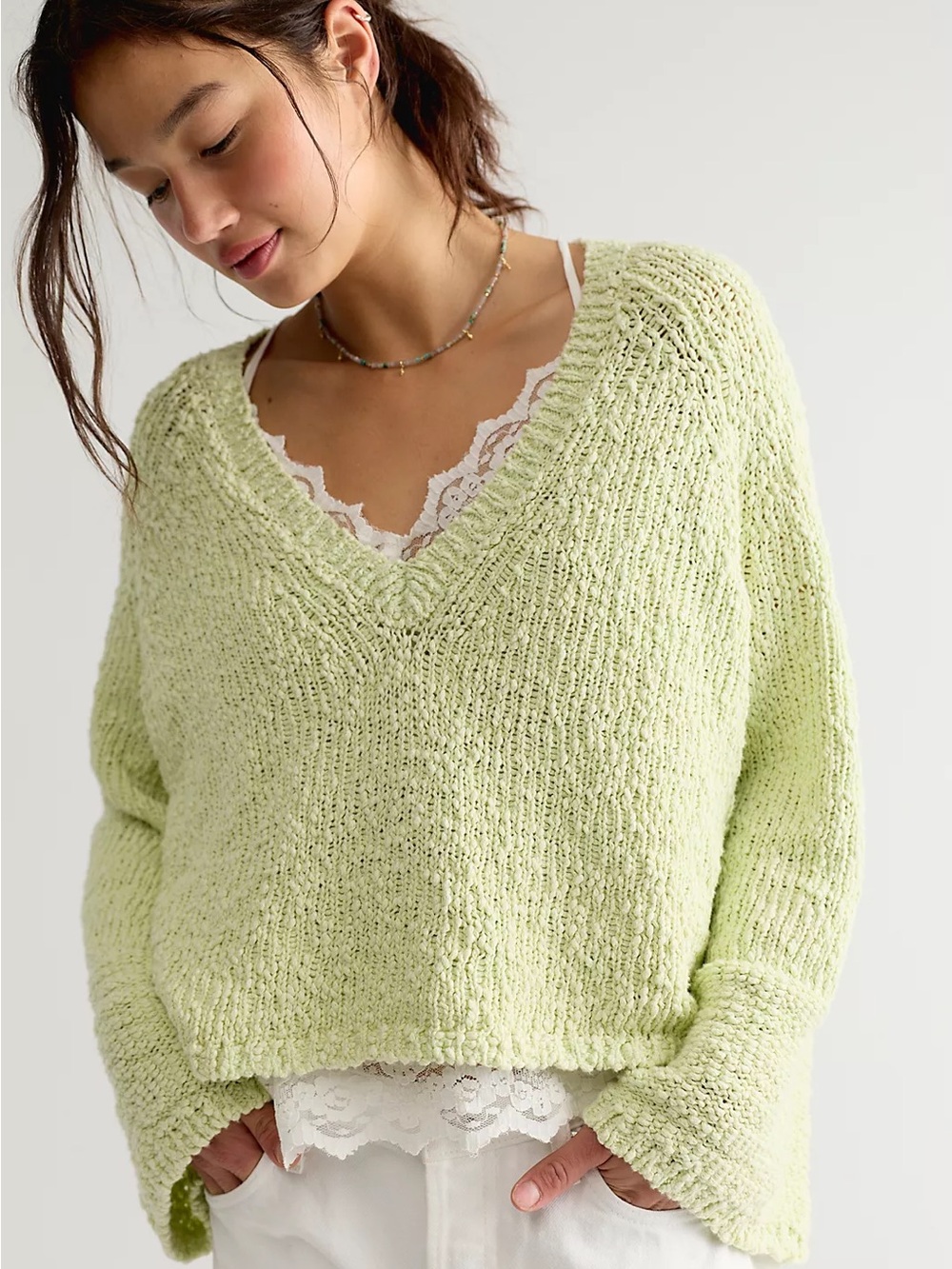 Free People Heartland Cotton Pullover Small Lime Cream NWT